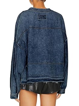 Women's V Neck Long Sleeve Raw Hem Denim Pullover Blouses